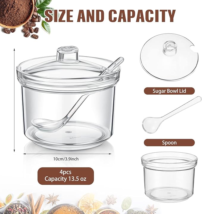 Patelai 4 Pieces Sugar Bowl Acrylic Clear Sugar Bowl with Lid and Salt Spoon Storage Jar with Airtight Lid for Salt, Tea, Spices, Herbs, Condiments(13 oz)-Ruum Studio Home