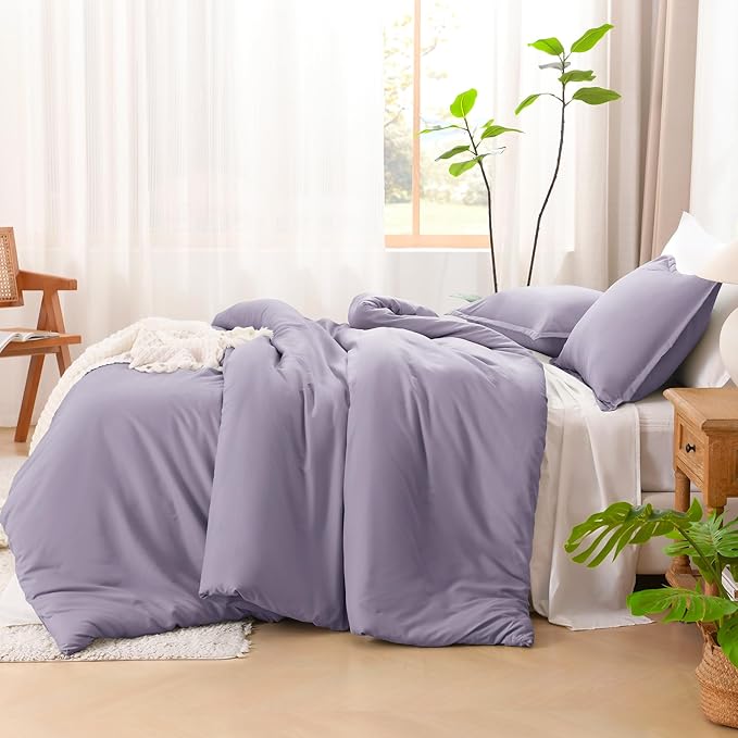 Litanika Grayish Lavender Purple Comforter Set King Size, 3 Pieces Lightweight Solid Bedding Comforter Set, All Season Fluffy Bed Set (104x90In Comforter & 2 Pillowcases)-Ruum Studio Home