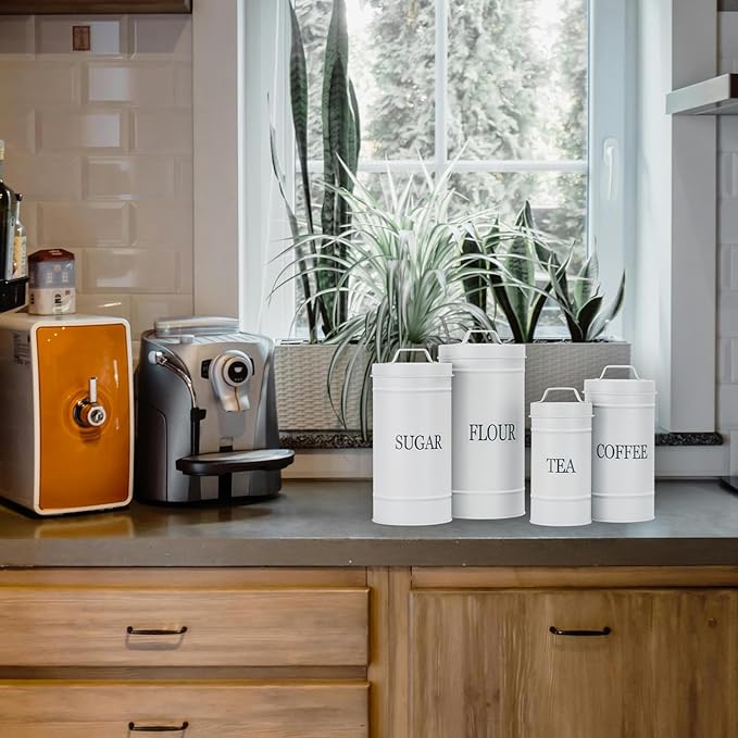 Farmhouse Canister Set for Kitchen Countertop, Airtight Nesting Kitchen Canisters Set of 4, Mental Flour Sugar Coffee Tea Storage Canister Jars, Vintage Country Design, White-Ruum Studio Home