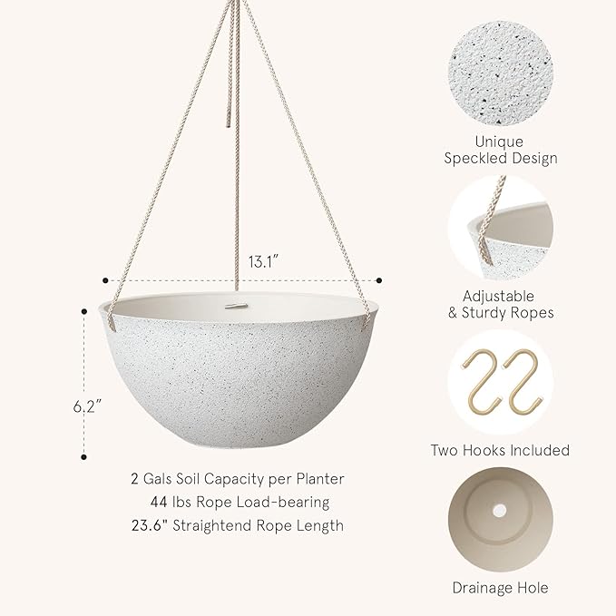 LA JOLIE MUSE Large Hanging Planters for Outdoor Plants - 13 Inch Hanging Flower Pots Set of 2, Speckled White-Ruum Studio Home