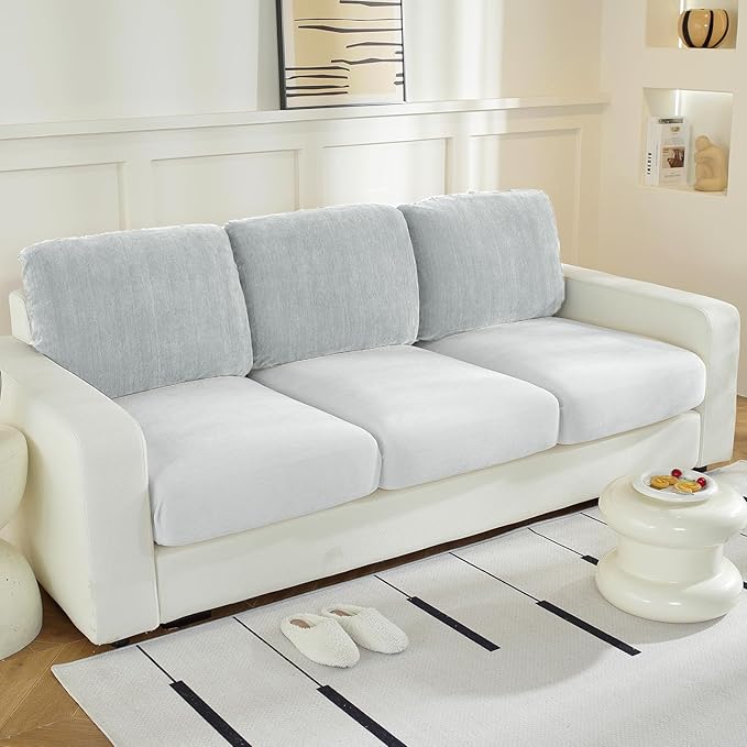 Large Backrest Cushion Covers Super Stretch Backrest Covers for 3 Cushion Couch Sofa, Couch Back Cushion Covers Featuring with Chenille Yarn (Softer Version, 3PC, Light Grey)-Ruum Studio Home