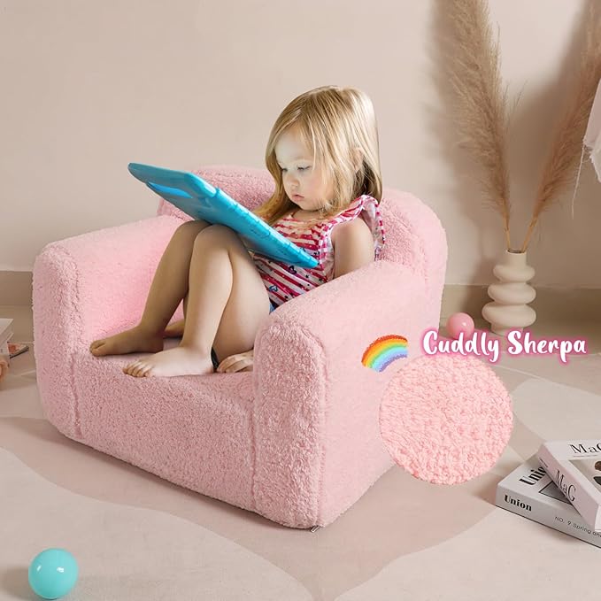 Kids Snuggly-Soft Sherpa Chair, Cuddly Toddler Foam Chair for Boys and Girls, Pink-Ruum Studio Home