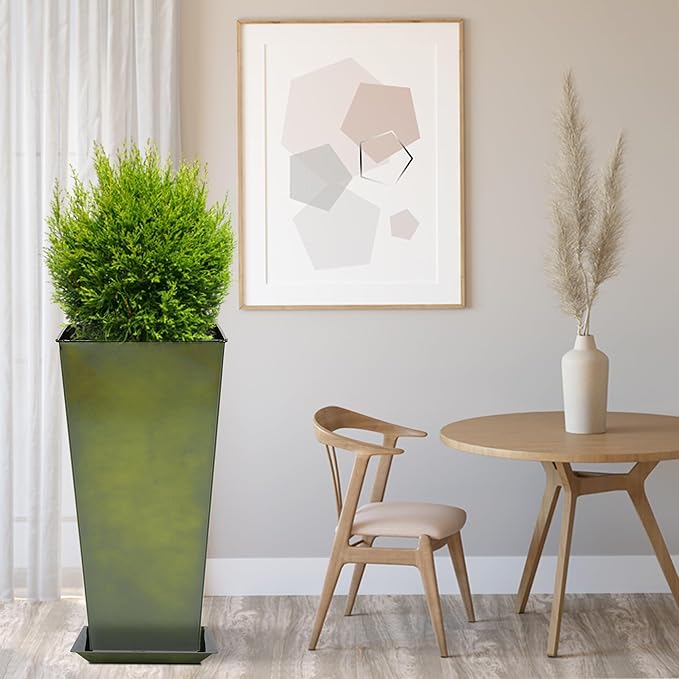 KOL Galvanized Steel Planter 25''H. with Saucer, Bright Glazed Planter with Drainage Hole, Set of 2, Tall Pots for Indoor & Outdoor Use, Decorative Flower Plant Pots for Porch, Patio, Deck - Green-Ruum Studio Home