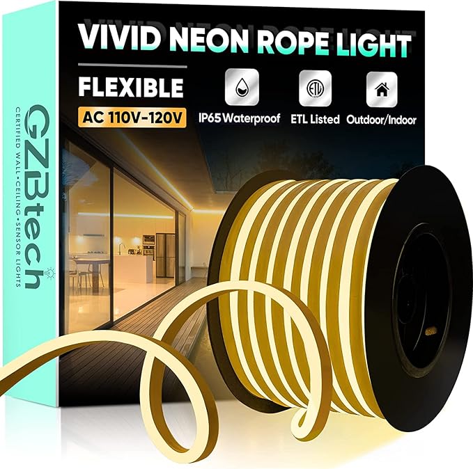 GZBtech Flexible LED Neon Rope Lights 66FT,AC 110-120V Waterproof Strip Light, 120 LEDs/M Cuttable Connectable Neon Lighting for Indoor Outdoor Home Decor/Commercial Building Use-Warm White 20M-Ruum Studio Home