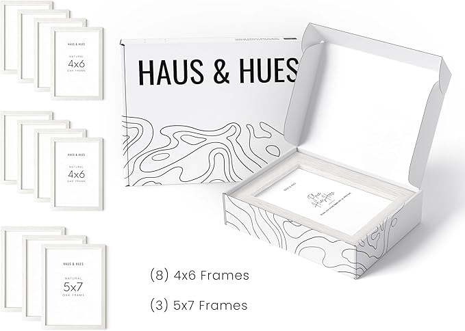 HAUS AND HUES White Oak Wood Gallery Wall Tabletop Frames Made with Real American Oak and Shatter-free Plexiglass - Set of 11 (Eight 4x6, Three 5x7, Framed White)-Ruum Studio Home