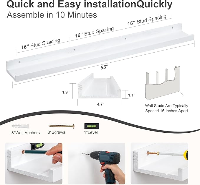 Floating Picture Ledge Shelves 55 Inch Solid Oak Wood Set of 2, Rustic Wall Storage Shelves with Lip, Kids Bookshelf, Photo & Picture Ledge Shelves for Bedroom, Living Room, Kitchen-Ruum Studio Home