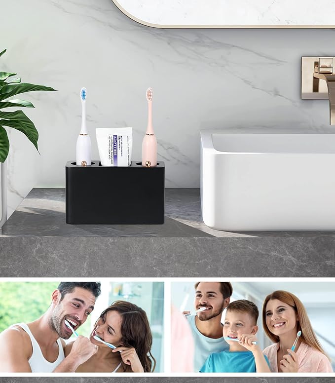 Luxspire Toothbrush Holder, 3 Slots Electric Toothbrush and Toothpaste Holder, Resin Bathroom Countertop Storage Bathroom Accessories Toothbrush Stand for Vanity Counter Organizer Caddy - Black-Ruum Studio Home