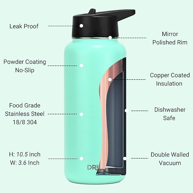 DRINCO Stainless Steel Water Bottle Spout Lid Vacuum Insulated Double Wall Water Bottle Wide Mouth (40oz 32oz 22oz 18oz 14oz) Leak Proof Keeps Cold or Hot (32 oz, 32oz Teal)-Ruum Studio Home