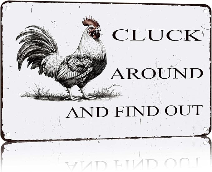 Funny Chicken Coop Sign "Cluck Around & Find Out" Vintage Metal Tin Sign 8x12 Inch - for Farmhouse Kitchen Decor,Chicken Coop Accessories,Barn,Rustic Home & Garden Wall Art with Hanging Holes-Ruum Studio Home