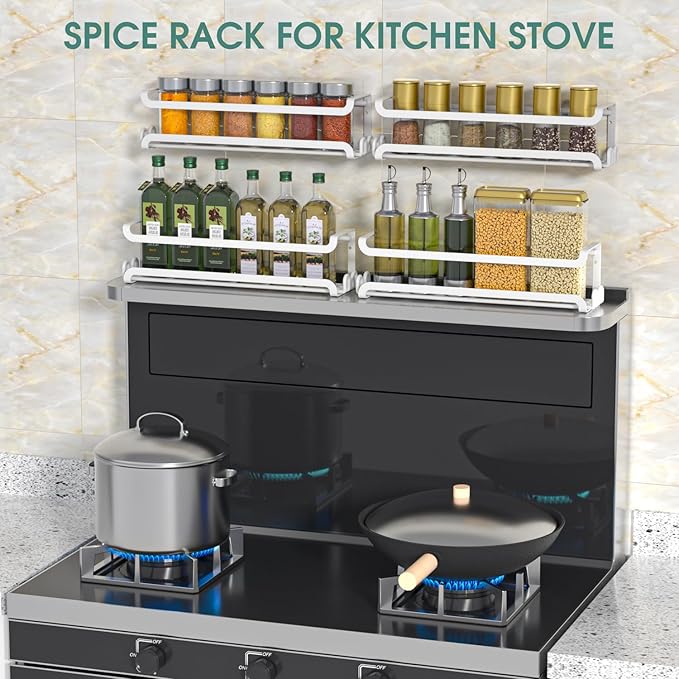 LUCYCAZ 4 Pack Wall Mounted Spice Rack with 16 Hooks, Spice Organizer Shelf for Stove Cabinet Pantry Door,Screw or Adhesive Spice Shelf Hanging Wall Spice Rack in Kitchen and RV (White, 4 PACK)-Ruum Studio Home