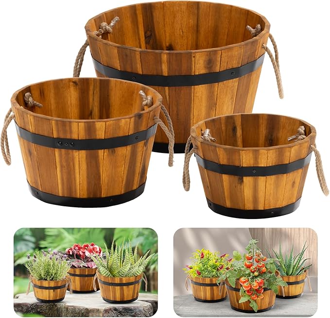 IDZO Set of 3 Wooden Flower Boxes Outdoor, Durable Acacia Wood Barrel Planters for Outdoor Plants with Ergonomic Handles, Drainage Holes, Multiple Sizes Wood Bucket Planter for Home Décor-Ruum Studio Home