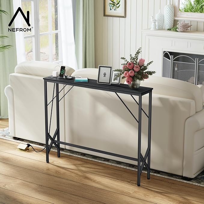 39.4" Console Table, Skinny Entryway Table with Fast-Charging Station, Narrow Long Sofa Table, Behind Slim Couch Table for Entrance, Hallway, Living Room Decor ST-BK100-1-Ruum Studio Home