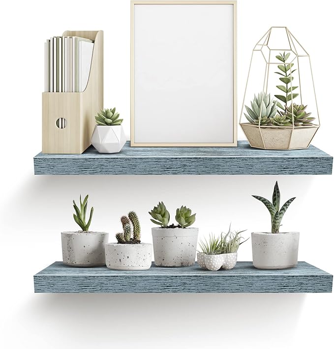 Sorbus Floating Shelves - 2 Pack 24 X 9 Inch Rustic Blue Wall Shelves for Bedroom, Kitchen, Living Room, Bathroom Shelves, Home Decor - Extra Long Floating Shelf for Trophy, Books Frames, Toilet Paper-Ruum Studio Home