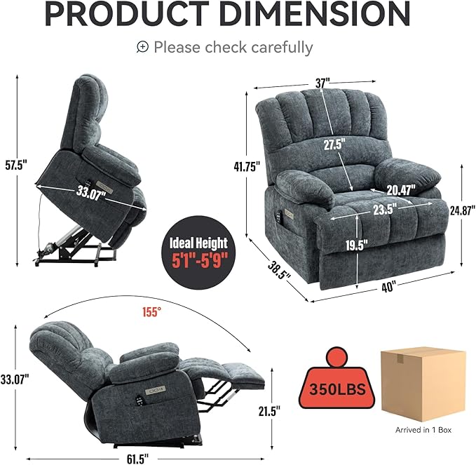 Power Lift Chair with Vibration Massage and Lumbar Heat for Elderly, Electric Recliner Chair Max 155° with Charging Ports, Blue Gray-Ruum Studio Home