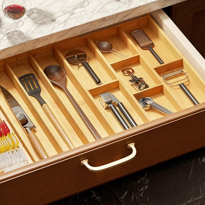 SpaceAid Bamboo Utensil Drawer Organizer with Labels, Kitchen Silverware Expandable Tray Holder Organizer for Flatware, Cutlery, Spoon and Knives Drawer Storage Organization (Natural)-Ruum Studio Home