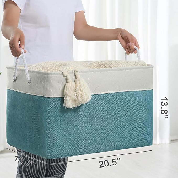 TheWarmHome Storage Bin for Shelves - Extra Jumbo 3 Pack 20.5L×15.7W×13.8H Storage Basket for Organizing, Fabrin Storage cubes with Drawstring Cover for Living Room Bedroom Decor Closet（White & Green-Ruum Studio Home