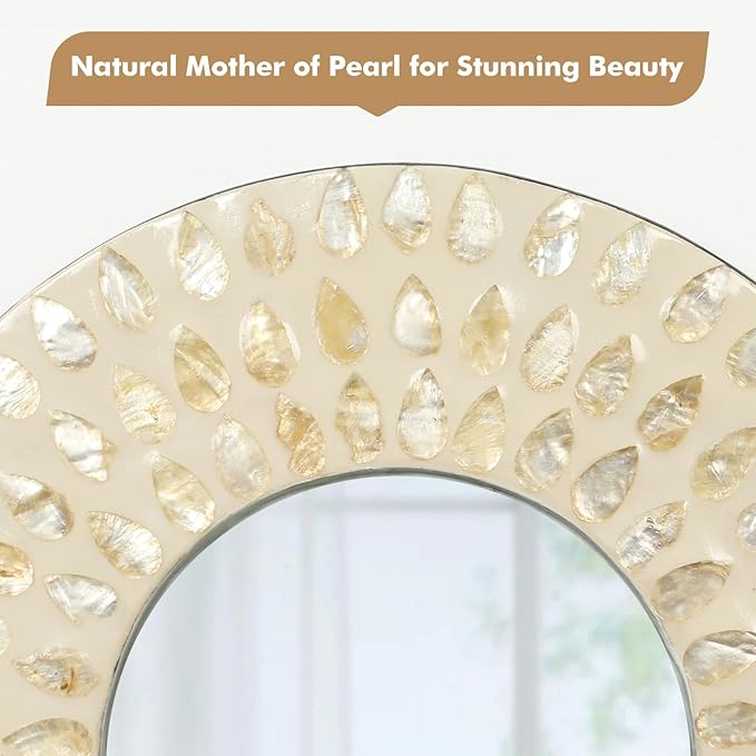 Boho Mirror Wall Decor for Living Room, 3PCS Natural Mother of Pearl Decorative Mirror for Farmhouse Rustic Home, Hanging Sculptures for Women Bedroom Hallway Porch Decoration (Light Brown)-Ruum Studio Home