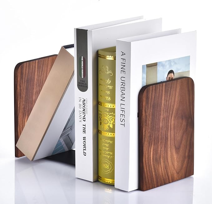 Book Ends, Black Walnut Wooden Bookends for Shelves - Heavy Duty Non-Slip Book Organizers, Upgraded Large Decorative Bookend Holders for Home, Kitchen, Office, Set of 2, Large-Ruum Studio Home