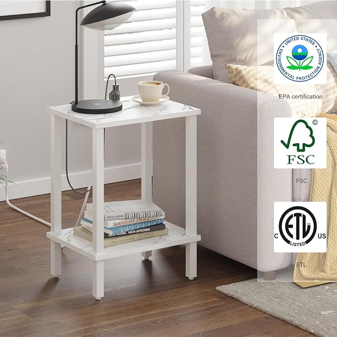 TUTOTAK End Table with Charging Station, Small Side Table with Outlets, Nightstand Bedside Table, 2-Tier Storage Shelf for Small Space, Living Room, Bedroom, Marble White TB01BMW040-Ruum Studio Home