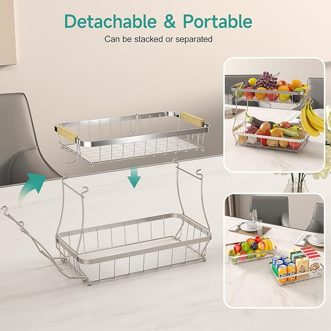 3 Tier Fruit Basket for Kitchen Counter with 2 Mobile Banana Hangers, 2025 Pro Detachable Metal Fruit Bowl with Wooden Handle, Fruit Holder for Bread Snack Veggies, Silvery-Ruum Studio Home