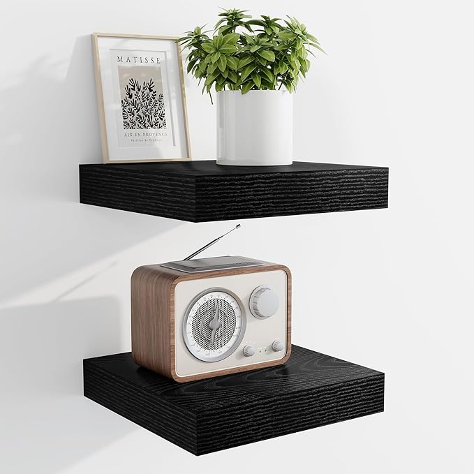 Marsmiles 6.7" Floating Shelves for Wall, Wooden Shelves with Invisible Brackets Set of 2, Rustic Farmhouse Wall Mounted Shelf for Kitchen Bathroom Living Room Study, Black-Ruum Studio Home