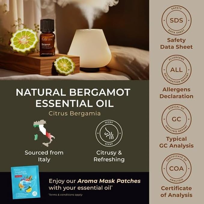Gya Labs Bergamot Essential Oil - 0.34 Fl Oz - 100% Pure and Natural Bergamot Aromatherapy Essential Oil Uplifts Mood for Emotional Balance, Soothes Skin, Diffuser & Candle Making Scent-Ruum Studio Home