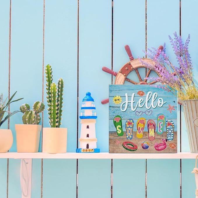 Summer Decor Hello Summer Decorations Flip Flop Wooden Sign Rustic Home Decor 5 x 5 Inches-Ruum Studio Home