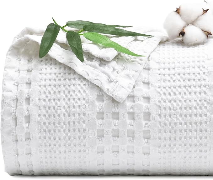 PHF Cooling Waffle Blanket King Size, Lightweight 60% Rayon Derived from Bamboo & 40& Cotton Breathable Blanket for Hot Sleepers, Soft and Luxury for Bed Couch and Sofa, 104"x90", White-Ruum Studio Home
