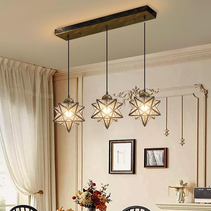 Glam Chandelier 3 Lights Glass Star Pendant Lights for Dining Table Kitchen Island Modern Ceiling Hanging Lights Included LED Warm Light Bulbs Oiled Bronze-Ruum Studio Home