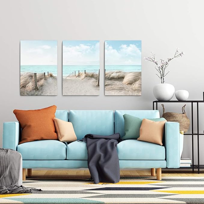3 Piece Large Canvas Bedroom Wall Art Beach Blue Sea Blue Sky Print Picture Framed Wall Decor for Living Room Bathroom Modern Home Decor Artwork Ready to Hang Coastal Wall Decorations Size 16x24x3-Ruum Studio Home