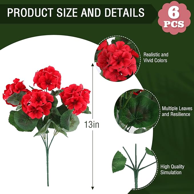 Hananona 6 Bundles Artificial Geranium Flowers for Outdoors Silk Geranium Flowers Outdoor UV Resistant Garden Plants Faux Flower for Home Kitchen Table Centerpieces Decor (6, Red)-Ruum Studio Home