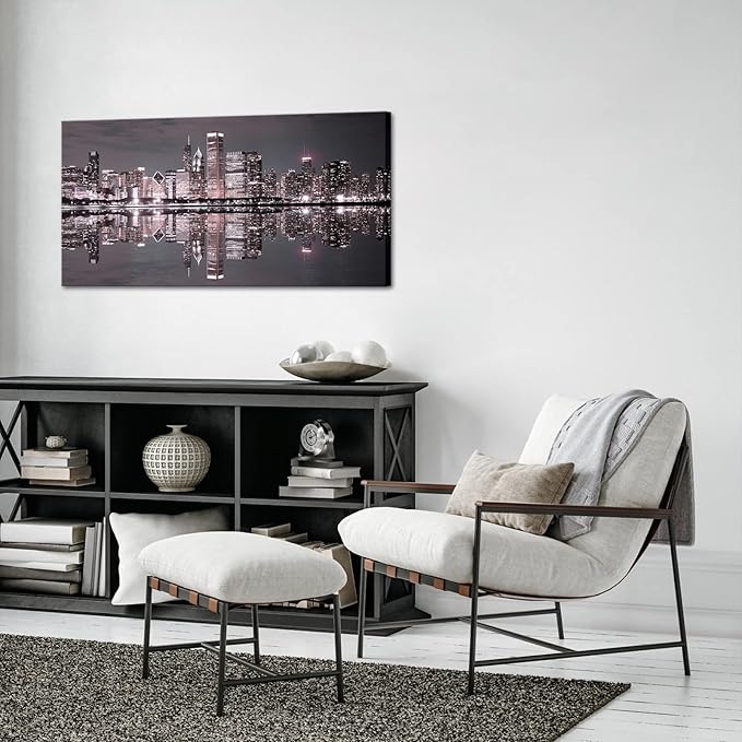 Conipit Chicago Wall Art Chicago Skyline Artwork City Night Downtown Picture Cityscape Painting Framed for Bedroom Home Office Decor 24"x48"-Ruum Studio Home