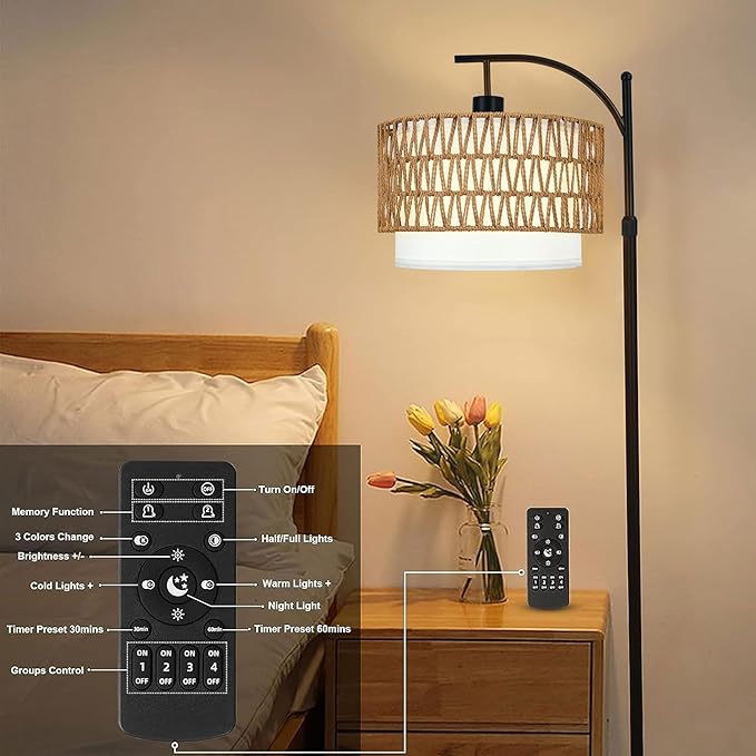 Arc Floor Lamp with Table and Shelves,Rattan Boho Floor Lamp with Remote Control,Rustic Floor Lamps for Bedroom Wicker Standing Lamp with 3 Color Temperature Tall Lamp for Living Room Corner-Ruum Studio Home
