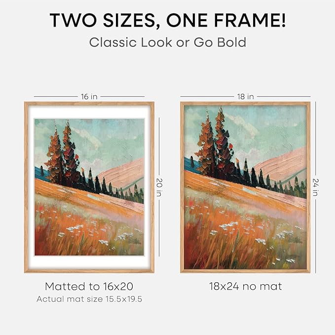 Homeforia 18x24 Poster Frame Wood, High End Natural Oak 18x24 Light Wooden Picture Frame with Mat 16x20, 18 by 24 Frames Matted to 16 x 20 Photo, 24by18 Thin Frames, Tempered Glass, Wall Kit, Set of 1-Ruum Studio Home