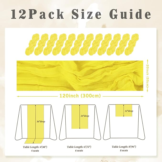 12 Pack Yellow Cheesecloth Table Runner 20 x 120 Inch Long Rustic Gauze Cheese Cloth Table Runner for Wedding 10FT Bridal Baby Shower Table Decorations Boho Fabric Sheer Birthday Party Table Decor-Ruum Studio Home