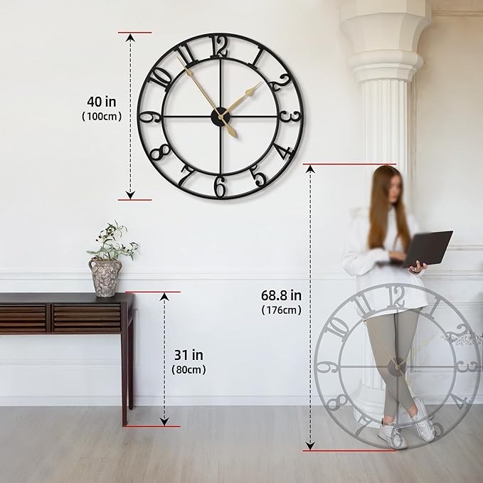 LEIKE 40 Inch Extra Large Wall Clock, Decorative Oversized Arabic Numerals Battery Operated Black Metal Wall Clocks for Living Room,Kitchen,Office, Farmhouse,Entrance Decor-Ruum Studio Home