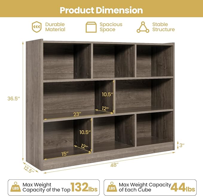 Tangkula 8-Cube Bookcase, Wood 3 Tier Open Storage Bookshelf, Modern Multipurpose Display Cabinet for Living Room, Study, Reading Nook, 48 x 12.5 x 36.5 Inch, Grey-Ruum Studio Home