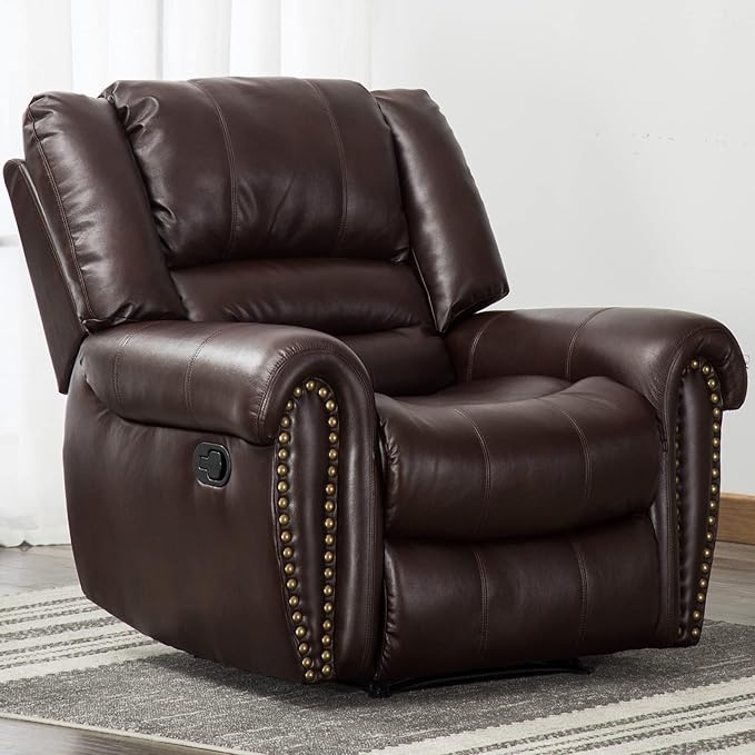 CANMOV Leather Recliner Chair, Classic and Traditional Manual Recliner Chair with Comfortable Arms and Back Single Sofa for Living Room, Brown-Ruum Studio Home