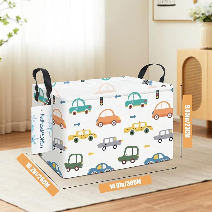 LANGYASHAN Rectangular Storage Bin Collapse Canvas Fabric Cartoon Storage Basket with Handles for Organizing Home Kitchen Boys and Girls Toys Office Closet Shelf Baskets(Rec Color Cars)-Ruum Studio Home