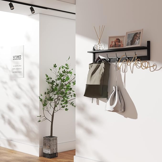 BAMEOS Wall-Mounted Shelf with Hooks - 28.9 Inch Entryway Hanging Shelf with 5 Dual Hooks for Bathroom, Living Room, Bedroom (Black)-Ruum Studio Home