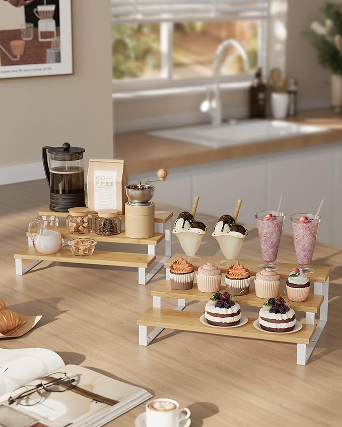 SONGMICS Display Risers, Set of 2 Engineered Wood Perfume Organizer Stand, 3-Tier Cupcake Stand Holder, Spice Rack, Shelf Risers for Figures, Dessert Shelves, Natural Beige and Cloud White UKCS016N02-Ruum Studio Home