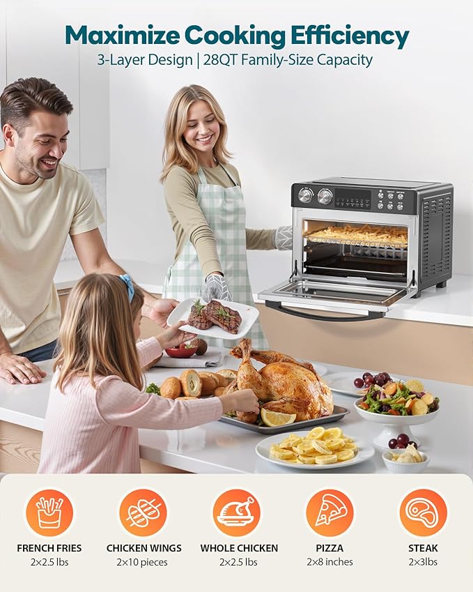 28QT Air Fryer Toaster Oven Combo, Large 12-in-1 Convection Countertop Oven with Next-Gen HeatWave Convection, 3-Layer Cooking, Rotisserie for Chicken, Fits 11" Pizza, Full Accessories, Sparkle Black-Ruum Studio Home