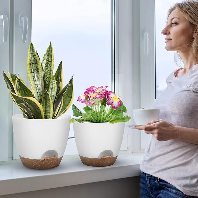Plant Pots 10/9/8/7.5/7 Inch Self Watering Pots, Set of 5 Plastic Planters with Drainage Holes and Saucers,Plastic Flower Pots,Nursery Planting Pot for Indoor Out Door Plants（White）-Ruum Studio Home