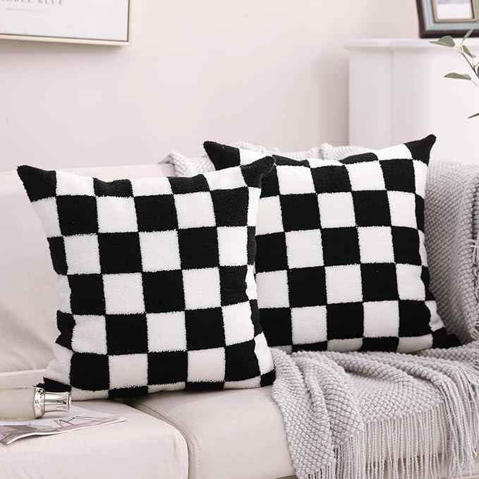 Alysheer Checkered Embroidered Decorative Throw Pillow Covers 18"x 18" Set of 2, Farmhouse Cottage Black White Plaid Tufted Patterned Cotton Canvas Cushion Case for Sofa Couch Bed Living Room-Ruum Studio Home