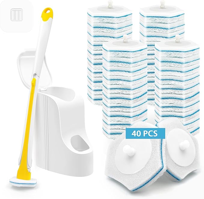 JEHONN Disposable Toilet Brush with 40PCS Wand Cleaner Refills, Wall Mounted Toilet Bowl Brush Holder Set, Bathroom Cleaning System for Sink Bathtub Wash Basin (Yellow)-Ruum Studio Home