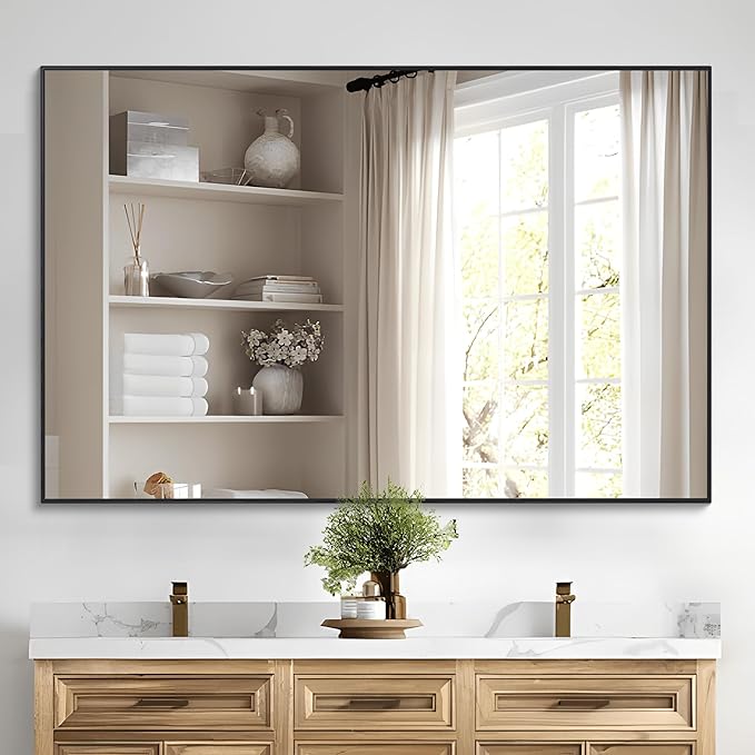 Black Bathroom Mirror for Wall, 30x48 Inch Rectangle Mirrors with Metal Frame, Modern Vanity Wall Mirror Decor for Bathroom Living Room, Entryway Hangs Horizontal or Vertical-Ruum Studio Home