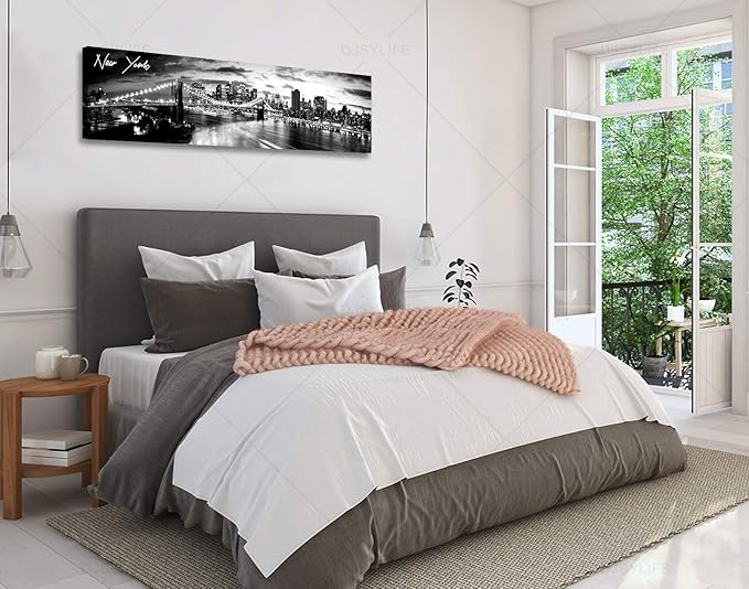DJSYLIFE New York Skyline Wall Art - Brooklyn Bridge Night View - Black and White Nyc City Pictures Scape Artwork Painting Decoration for Bedroom or Office, Ready to Hang 13.8"x47.3"-New York1-Ruum Studio Home