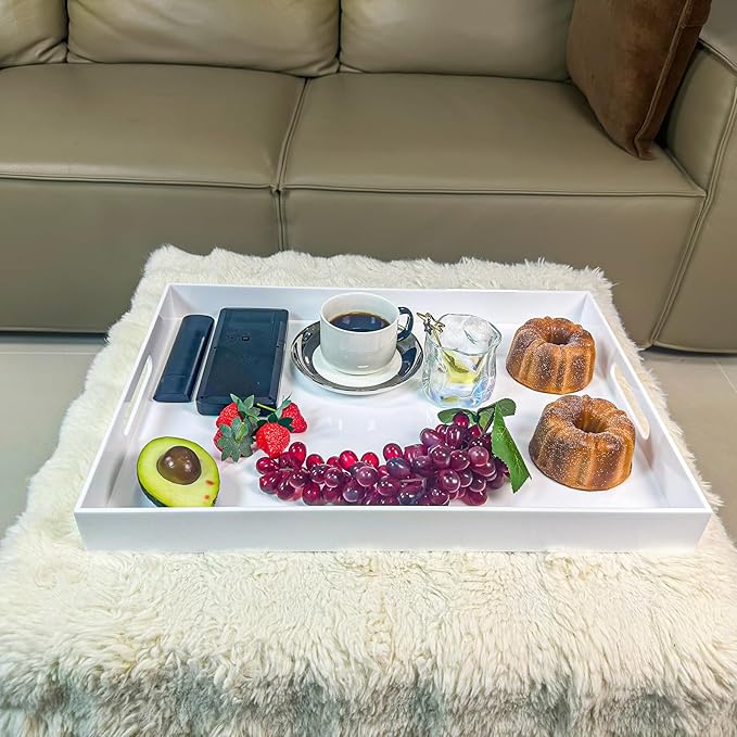 White Rectangular 14x20 Inches Acrylic Ottoman Tray Decorative Serving Tray with Cutout Handles Organizer Tray on Coffee Table Countertop Big Breakfast Bed Tray Living Room Appetizer Serving Food-Ruum Studio Home
