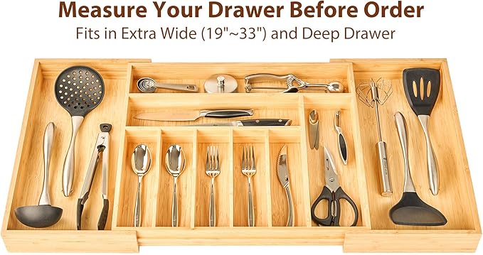 Umilife Extra Large Expandable Kitchen Siverware Utensils Drawer Organizer, 19" Deep for Big Drawer, Adjustable Bamboo Wood Drawer Divider with Curved Grooves, Cutlery Tray Flatware Holder-Ruum Studio Home