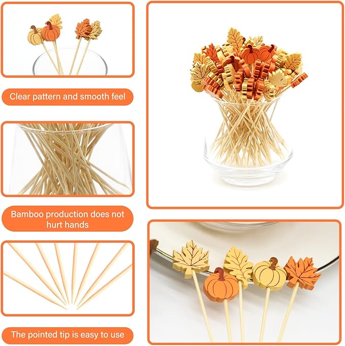 Fall Cocktail Picks Pumpkin Maple Leaf Assorted Autumn Theme Toothpicks Fruit Drinks Dessert Sticks Food Sandwich Appetizer Charcuterie Skewers, for Thanksgiving Decorations Party Supplies (200)-Ruum Studio Home